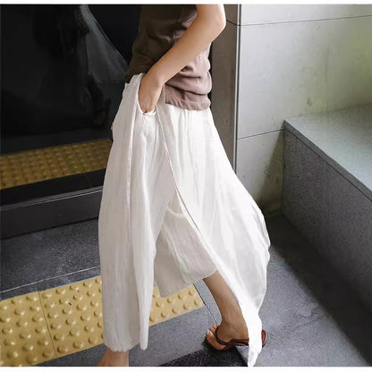 vmtvr 2000s fashion Linen Large Slit Culottes One-Piece Women's Spring and Summer Loose plus Size Casual Cropped Pants Fake Two-Piece Cotton Linen Wide-Leg Pants Skirt