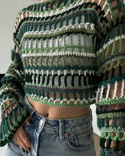 vmtvr Outfit Inspo Retro Street Style Colorful Striped Hollow-out Loose Casual Woolen Blouse Women's Spring and Summer European Style New Sweater