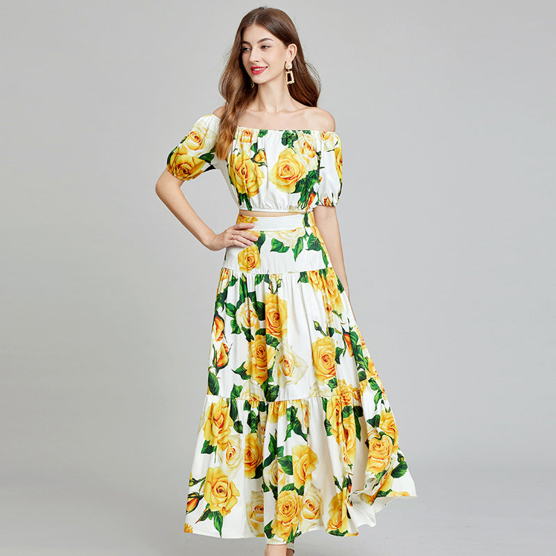638 new color, one-word collar off-the-shoulder short tube top + high-waisted skirt two-piece set, fashion suit