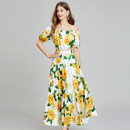 638 new color, one-word collar off-the-shoulder short tube top + high-waisted skirt two-piece set, fashion suit
