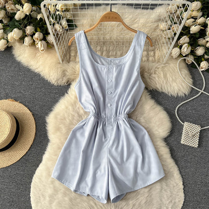 vmtvr going out outfits Summer New Ins Seaside Holiday Style Solid Color Wide-Leg One-Piece Shorts Women's Single-Breasted U-Neck Suspender Jumpsuit Pants