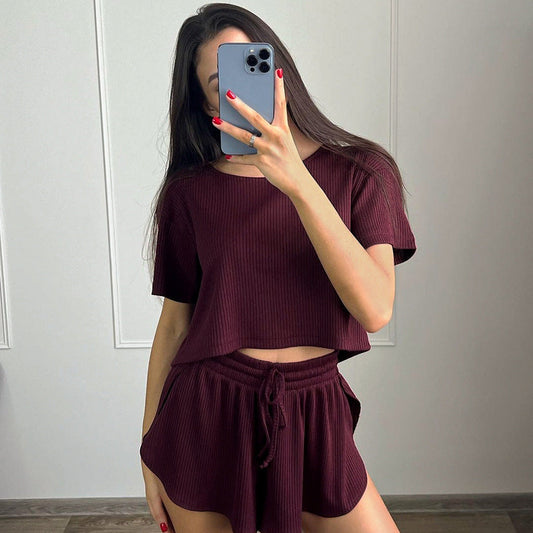 vmtvr summer fits Spring New Knitted round Neck Black Women's Home Wear Casual Short Sleeve Shorts Pajamas Two-Piece Set