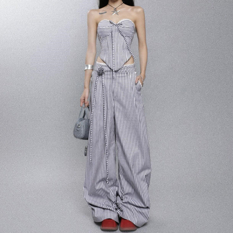 vmtvr date night outfit INS Summer New Irregular Strip Love Wrapped Chest Vest Women Loose Casual Trousers Striped Suit