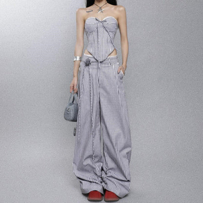 vmtvr date night outfit INS Summer New Irregular Strip Love Wrapped Chest Vest Women Loose Casual Trousers Striped Suit