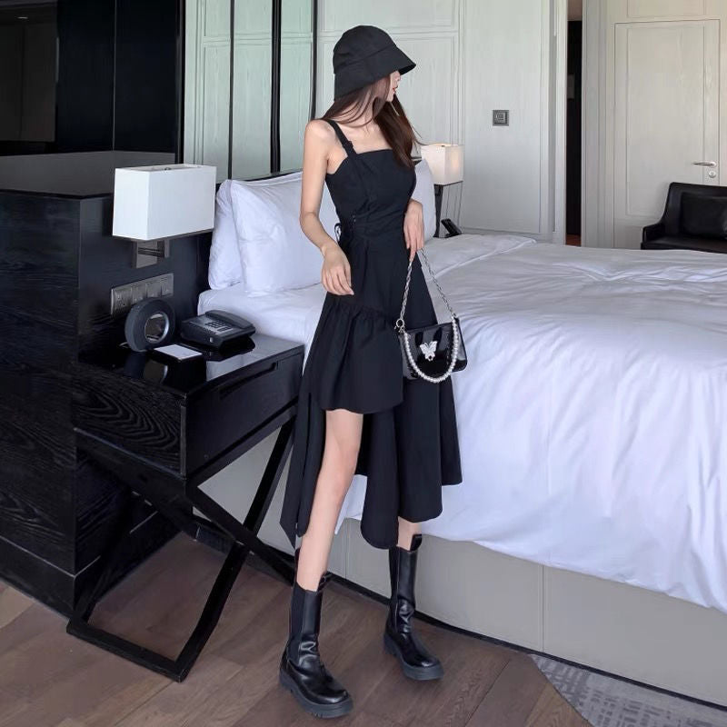 vmtvr cybergoth dress to impress Sweet Cool Style Small Strap Small Black Dress New Dark Irregular Strap Dress Women