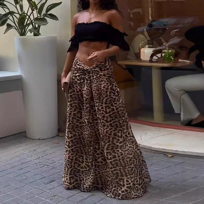 vmtvr clothes 2024 Summer Fashion Casual Short-Sleeved Pleated Top Leopard Skirt Two-Piece Set