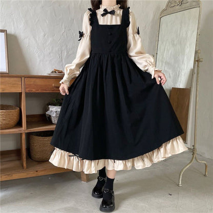 vmtvr Gothic Dti Autumn and Winter New plus Size 2024 Japanese Bubble Sleeve Light Lo Lolita Suspender Skirt Two-Piece Bow Dress