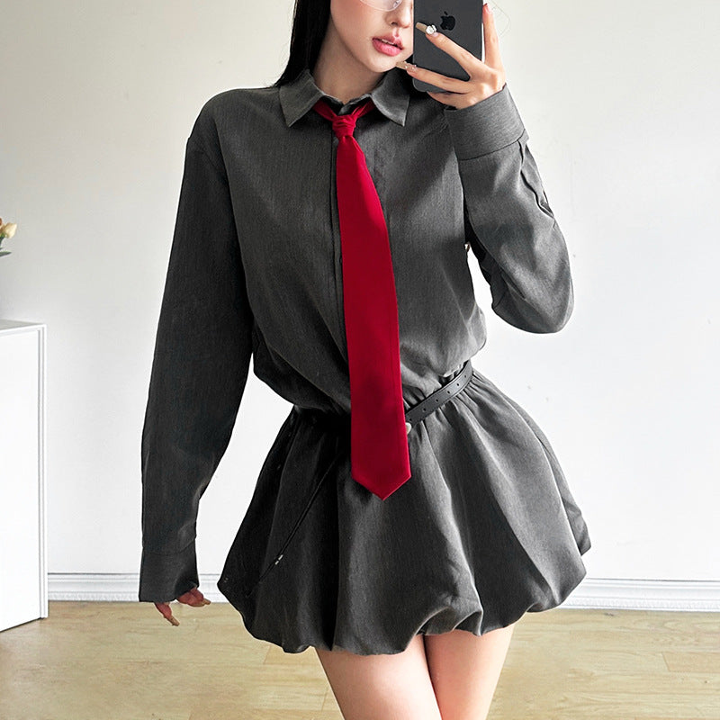 vmtvr group halloween costumes Style 2024 Autumn New Women's Clothing Solid Color Slim High Waist Street Fashion Lapel Long Sleeve Dress