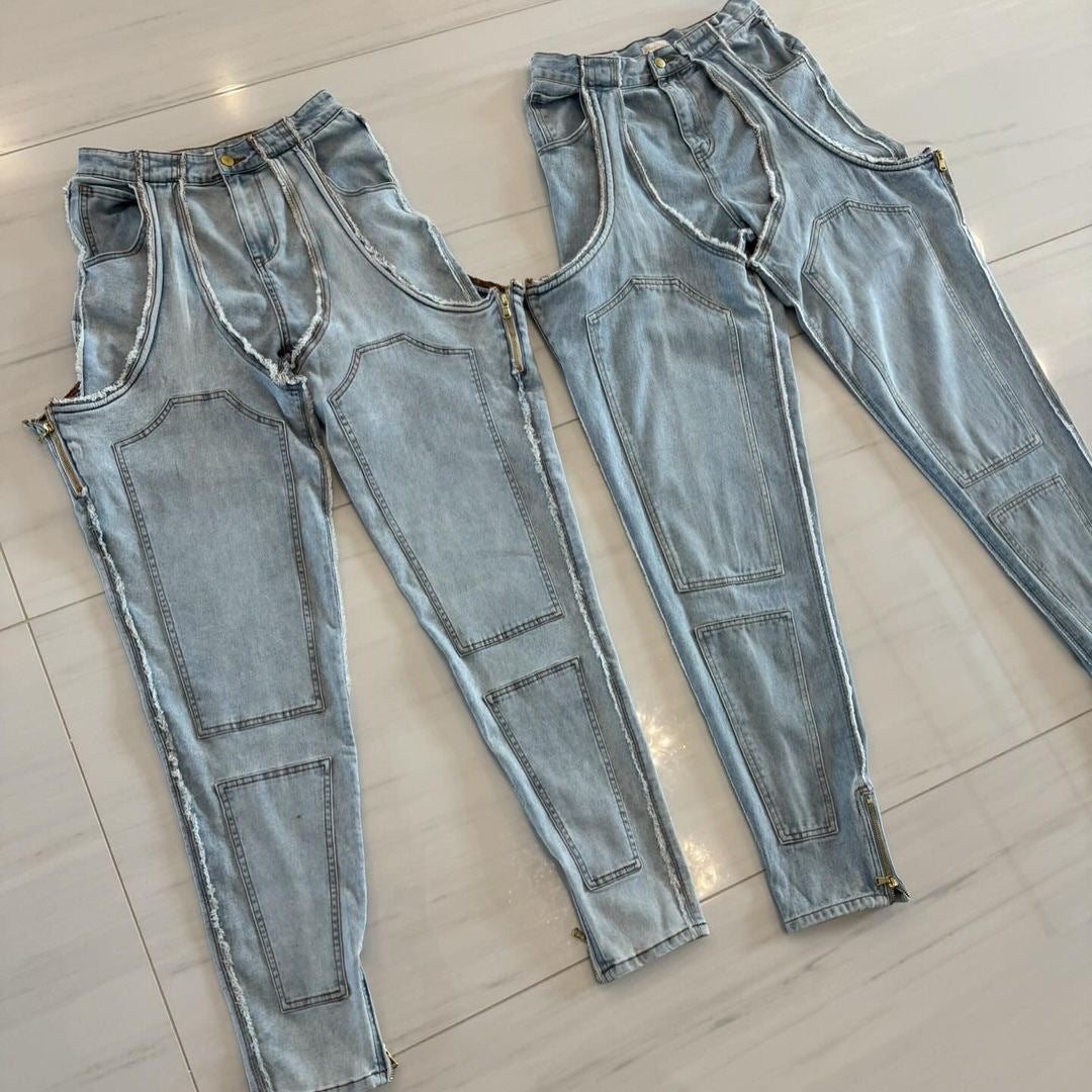 vmtvr Summer Fits Fashion Irregular Hollow Stitching Zipper Stretch Jeans
