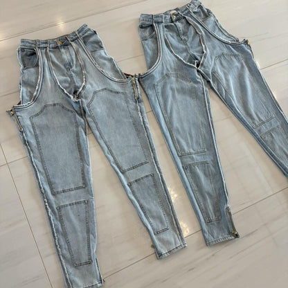 vmtvr Summer Fits Fashion Irregular Hollow Stitching Zipper Stretch Jeans