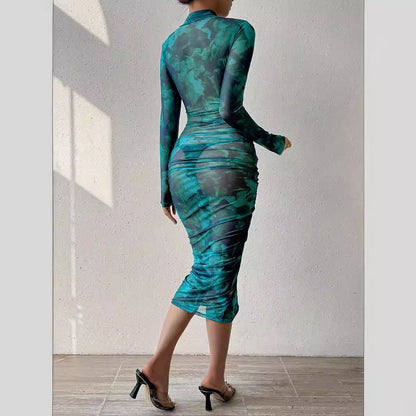 vmtvr widow dress to impress Spring New Fashionable Elastic Transparent Mesh Digital Printing Dress Sexy Hip-Wrapped Temperament Dress