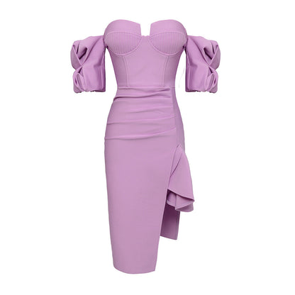 vmtvr rainforest dress to impress Summer New Purple Puff Sleeve off-Shoulder Ruffled Mid-Length Bandage Dress Sexy Tight Style