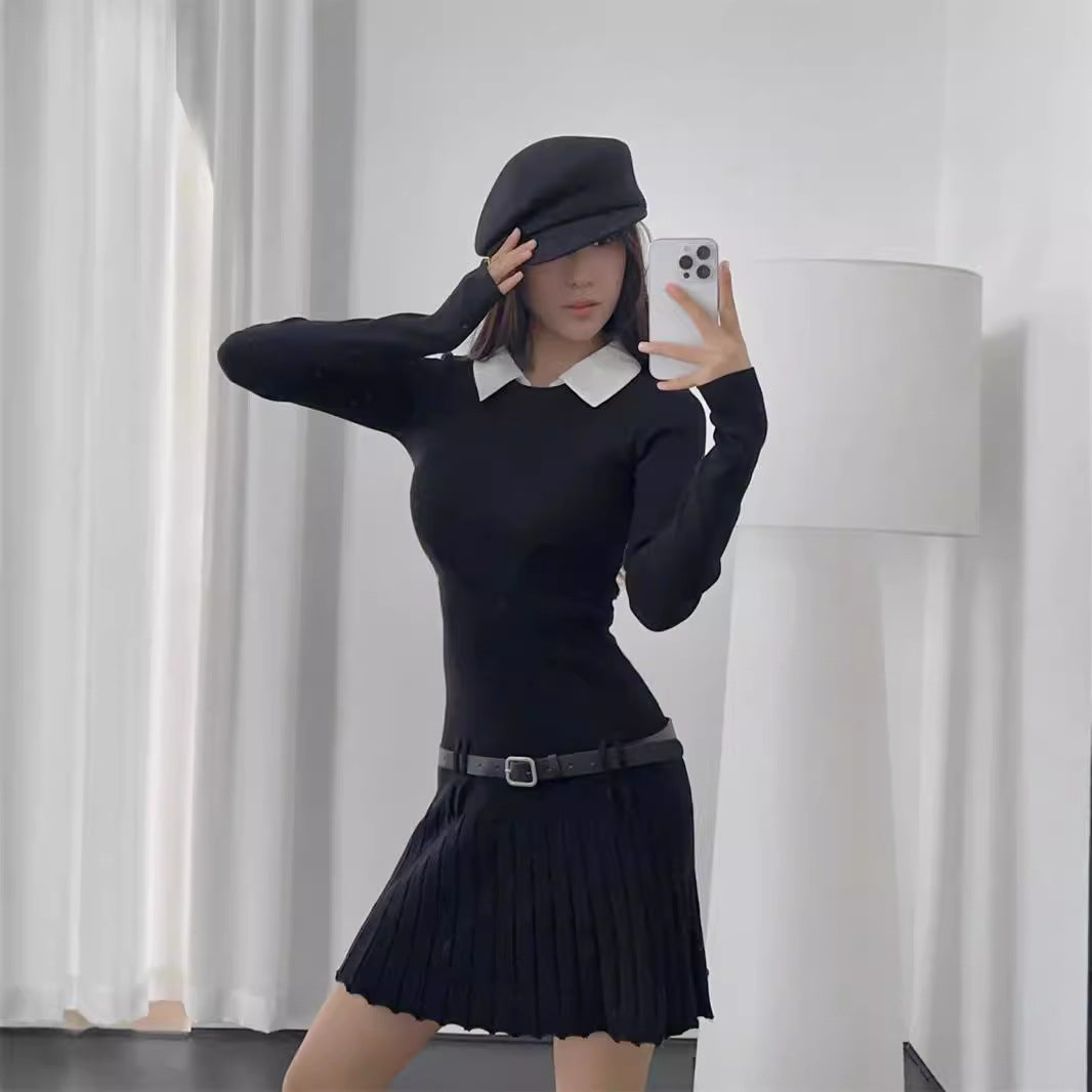 vmtvr autumn dress Fake Two-Piece Solid Color Knitted Dress Women's Autumn Slim Fit Pleated Skirt Hot Girl Short Skirt X2433