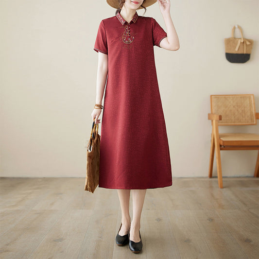 summer new literary dress women's red retro new Chinese embroidery printed fragrant cloud yarn skirt