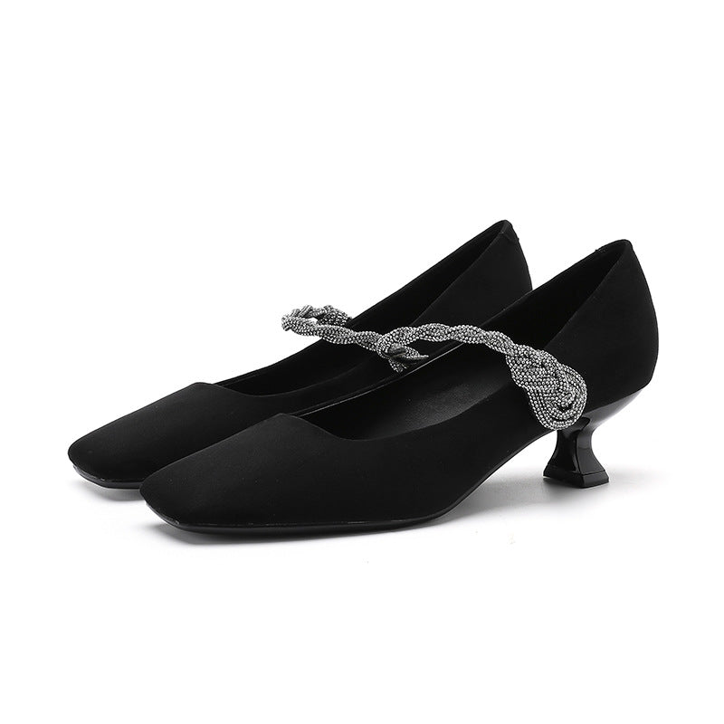 2025 433-2 one-word rhinestone square head single shoes women's suede stiletto high heels women's not tired feet temperament  women's shoes