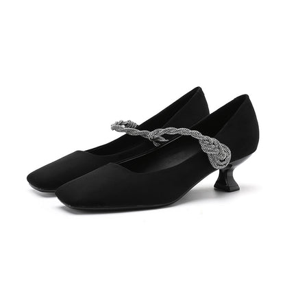 2025 433-2 one-word rhinestone square head single shoes women's suede stiletto high heels women's not tired feet temperament  women's shoes