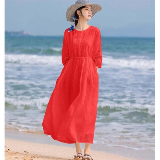 summer new high-end thin embroidered round neck travel literary stand-up collar medium sleeve medium and long dress