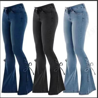 vmtvr summer outfits inspo Women's Jeans Mid-Waist Lace-up Denim Trousers Stretch Jeans Women's Flared Pants Denim
