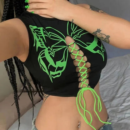 vmtvr grunge outfits Top Women's Summer New Fashion Sexy Printed Lace-up Cropped Hollow round Neck Vest