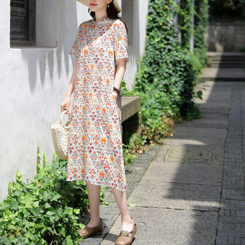 summer new cotton and linen dress travel literary retro improved cheongsam thin loose and thin dress women