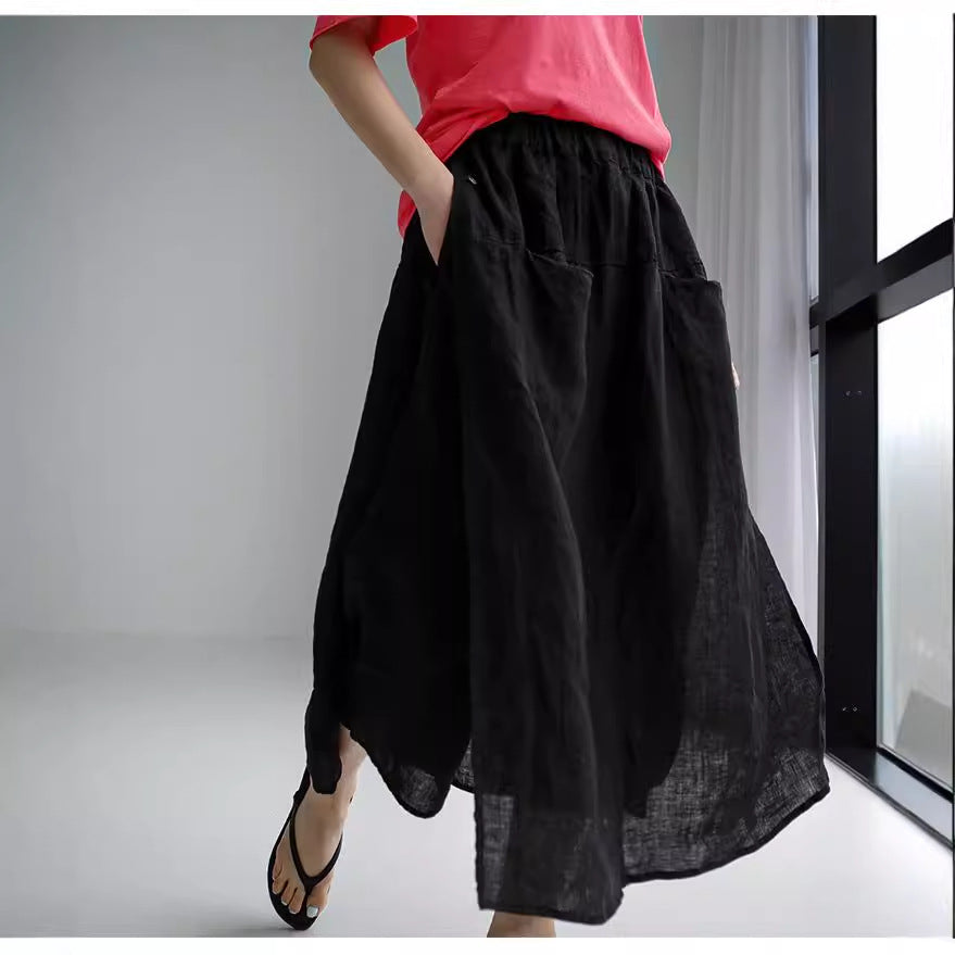 vmtvr 2000s fashion Linen Large Slit Culottes One-Piece Women's Spring and Summer Loose plus Size Casual Cropped Pants Fake Two-Piece Cotton Linen Wide-Leg Pants Skirt