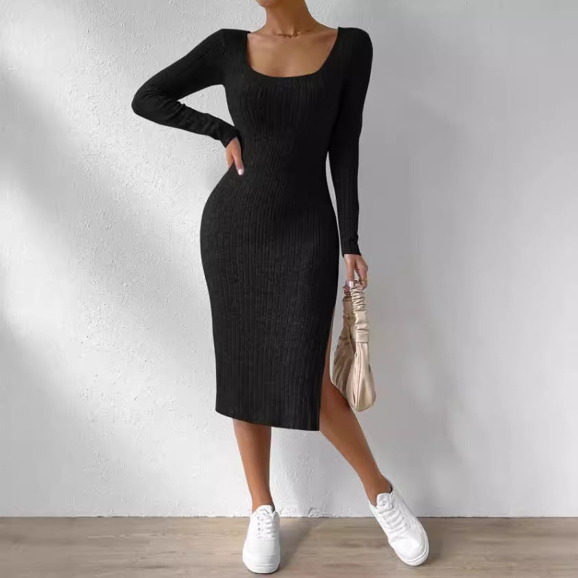 vmtvr y2k outfits Autumn and Winter Square Collar Long Sleeve Hem Slit Jacquard Brushed Dress Women