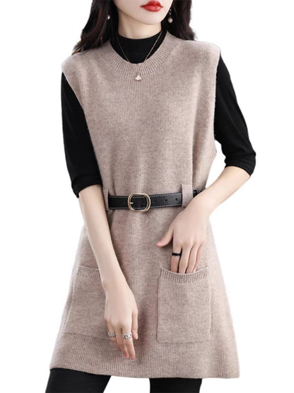 vmtvr datenight fall outfits Double-Pocket Long Vest Autumn and Winter round Neck Mid-Length Sleeveless Knitted Dress Fashionable Temperament Vest Dress for Women