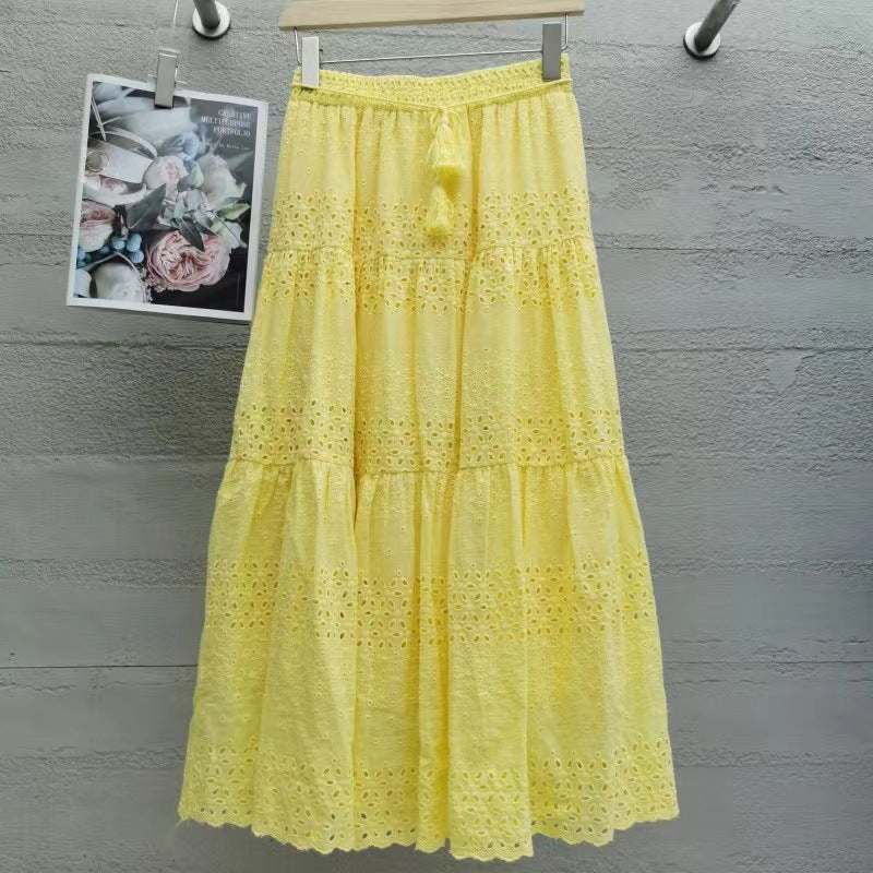 vmtvr skirt outfits 2024 Spring Heavy-Duty Lace Skirt Women's High Waist Stitching Crocheted Fairy Large Swing A- line Midi Skirt Summer