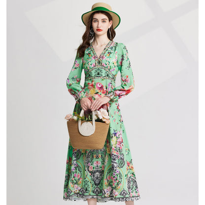 Real shot, summer new  positioning printing, heavy industry hot diamond, slim long-sleeved dress fashion temperament