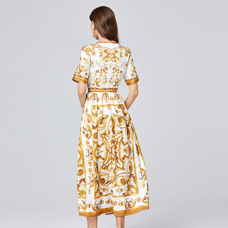 493 #new color in the real shot, new product positioning in summer, printed pendulum dress, short-sleeved A-shaped skirt.