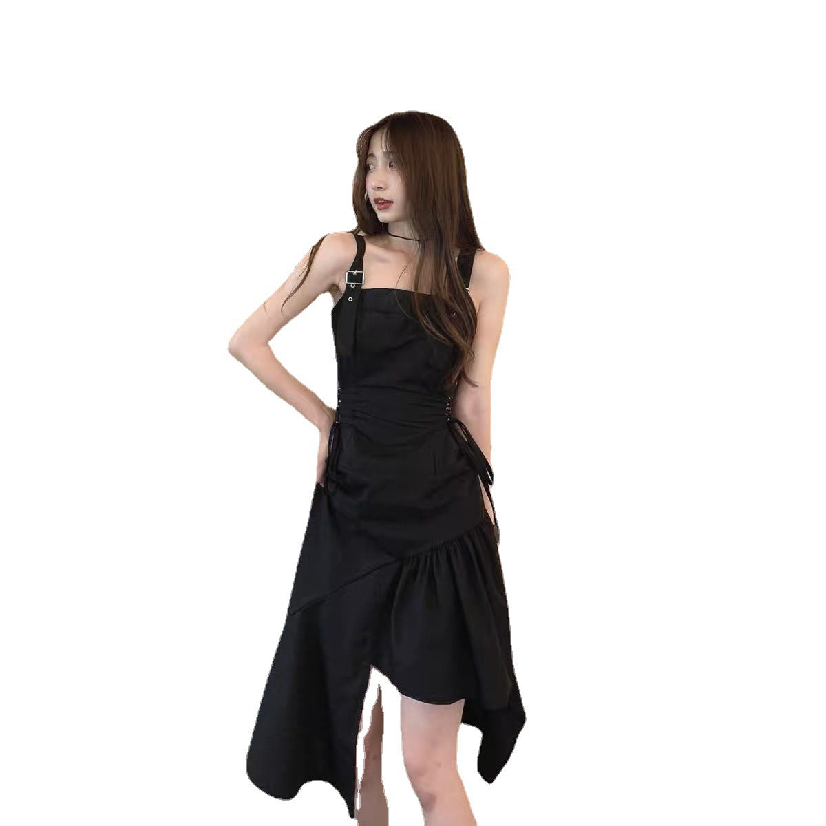 vmtvr cybergoth dress to impress Sweet Cool Style Small Strap Small Black Dress New Dark Irregular Strap Dress Women