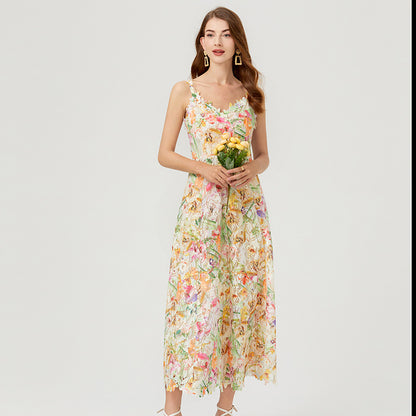 Real shot,  niche color three-dimensional flower hollow embroidery suspender skirt women, water-soluble lace dress