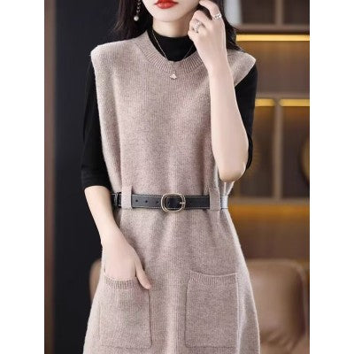 vmtvr datenight fall outfits Double-Pocket Long Vest Autumn and Winter round Neck Mid-Length Sleeveless Knitted Dress Fashionable Temperament Vest Dress for Women