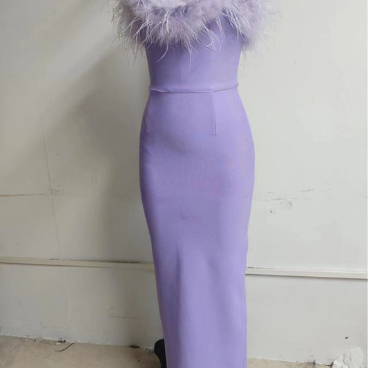 vmtvr classy demure mindful dress to impress Autumn New Sexy Tube Top Light Purple Feather Elegant Tight Slimming Long Bandage Dress