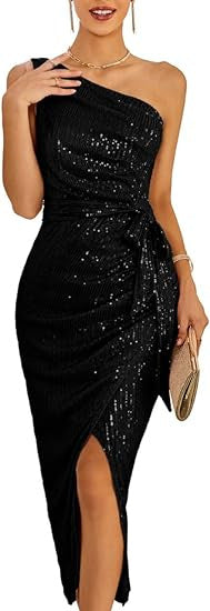 VMTVR 2025 4 Women's Sleeveless Shoulder Sequin Dress Sparkle Wrap Dress Cocktail Party with Split Wedding