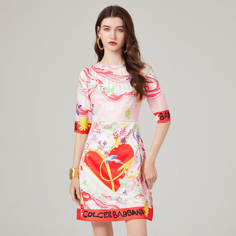 Real shot, spring and summer new product simple style round neck printed high waist and thin dress, medium sleeve A-shaped skirt