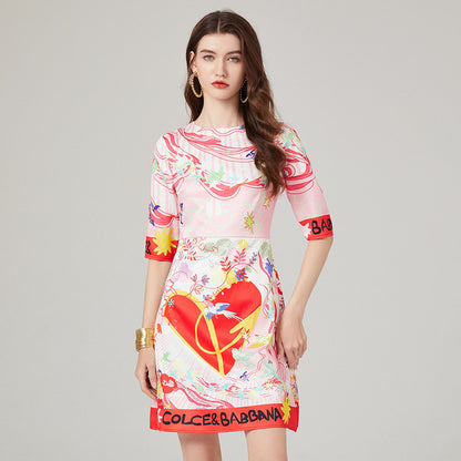 Real shot, spring and summer new product simple style round neck printed high waist and thin dress, medium sleeve A-shaped skirt