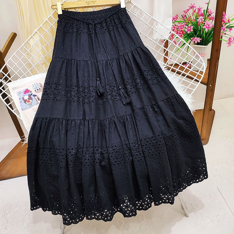 vmtvr skirt outfits 2024 Spring Heavy-Duty Lace Skirt Women's High Waist Stitching Crocheted Fairy Large Swing A- line Midi Skirt Summer