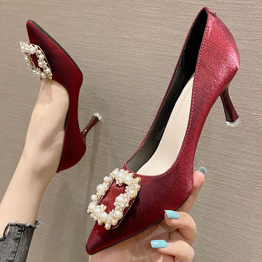 2025 SX775-18 high heels 2025 new pointed thin heels high heels wedding shoes women's rhinestone square buckle Xiuhe shoes