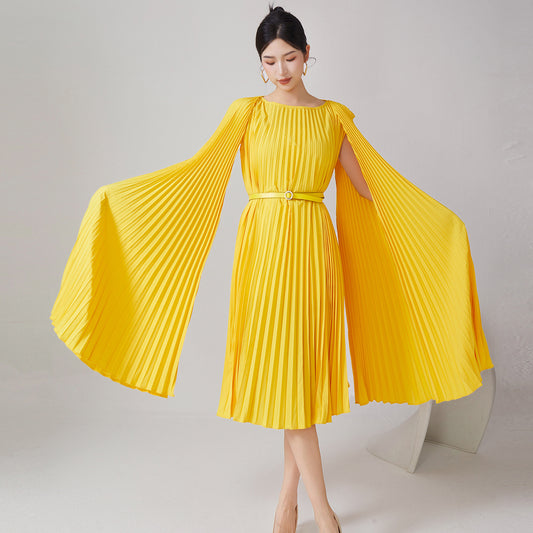 2025 Hot trade pleated dress women's high-end new irregular cloak loose lace-up medium and long dress skirt tide