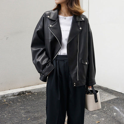 vmtvr fall outfits women Korean Style Casual Loose Black Motorcycle PU Leather Coat Women's Spring and Autumn Versatile Slimming plus Size Leather Jacket
