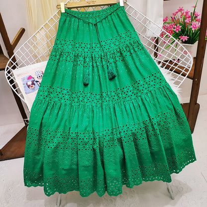 vmtvr skirt outfits 2024 Spring Heavy-Duty Lace Skirt Women's High Waist Stitching Crocheted Fairy Large Swing A- line Midi Skirt Summer
