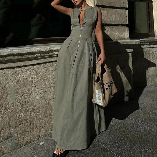 vmtvr classy demure mindful dress to impress Summer New Women's Solid Color Zipper Waist Slim Sleeveless Long Dress