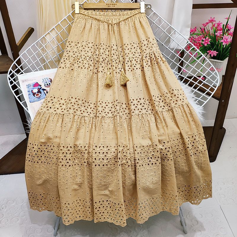 vmtvr skirt outfits 2024 Spring Heavy-Duty Lace Skirt Women's High Waist Stitching Crocheted Fairy Large Swing A- line Midi Skirt Summer
