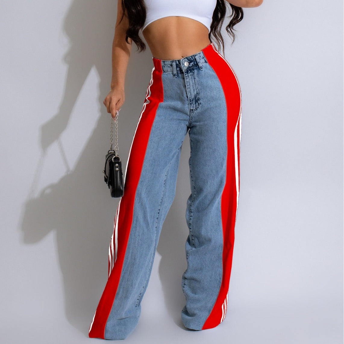 vmtvr 2000s fashion 2024 Summer Fashion Stitching Three Striped Wide Leg Denim Trousers Women's New Casual High Waist Stretch Straight Pants