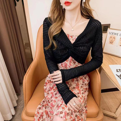 vmtvr 2000s fashion Black Suspender Skirt Outer Blouse Women's Summer Knitted Shawl Long Sleeve Niche Fashion Lace Top