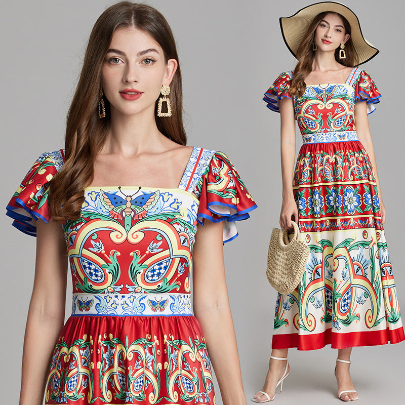 Real shot, summer new product positioning printing slim-fitting high-waisted flying sleeve dress, big pendulum A-shaped skirt