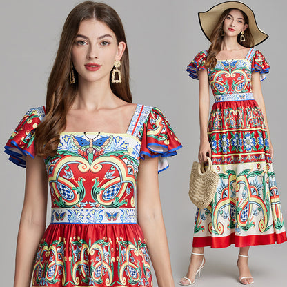 Real shot, summer new product positioning printing slim-fitting high-waisted flying sleeve dress, big pendulum A-shaped skirt