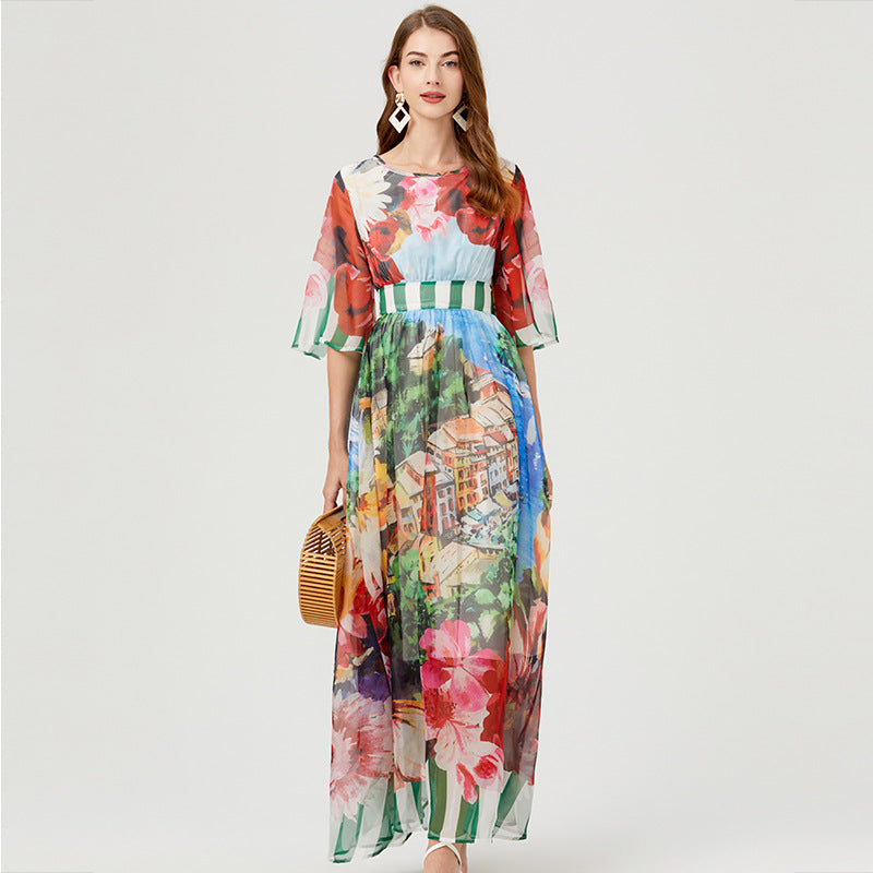 Real summer new product printing sexy backless straps slim high waist dress big pendulum A-shaped skirt short sleeves