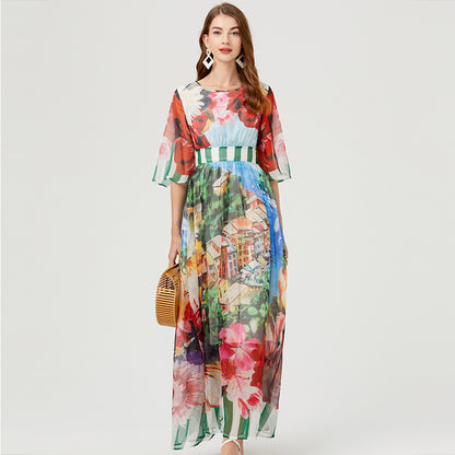 Real summer new product printing sexy backless straps slim high waist dress big pendulum A-shaped skirt short sleeves